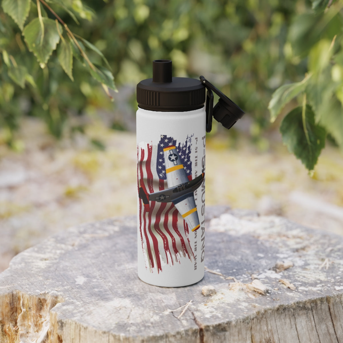 Stainless Steel Water Bottle, Sports Lid ( P-51 Mustang ) Military Styling