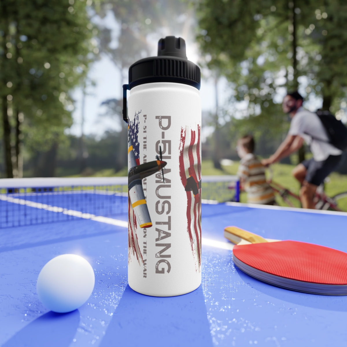 Stainless Steel Water Bottle, Sports Lid ( P-51 Mustang ) Military Styling