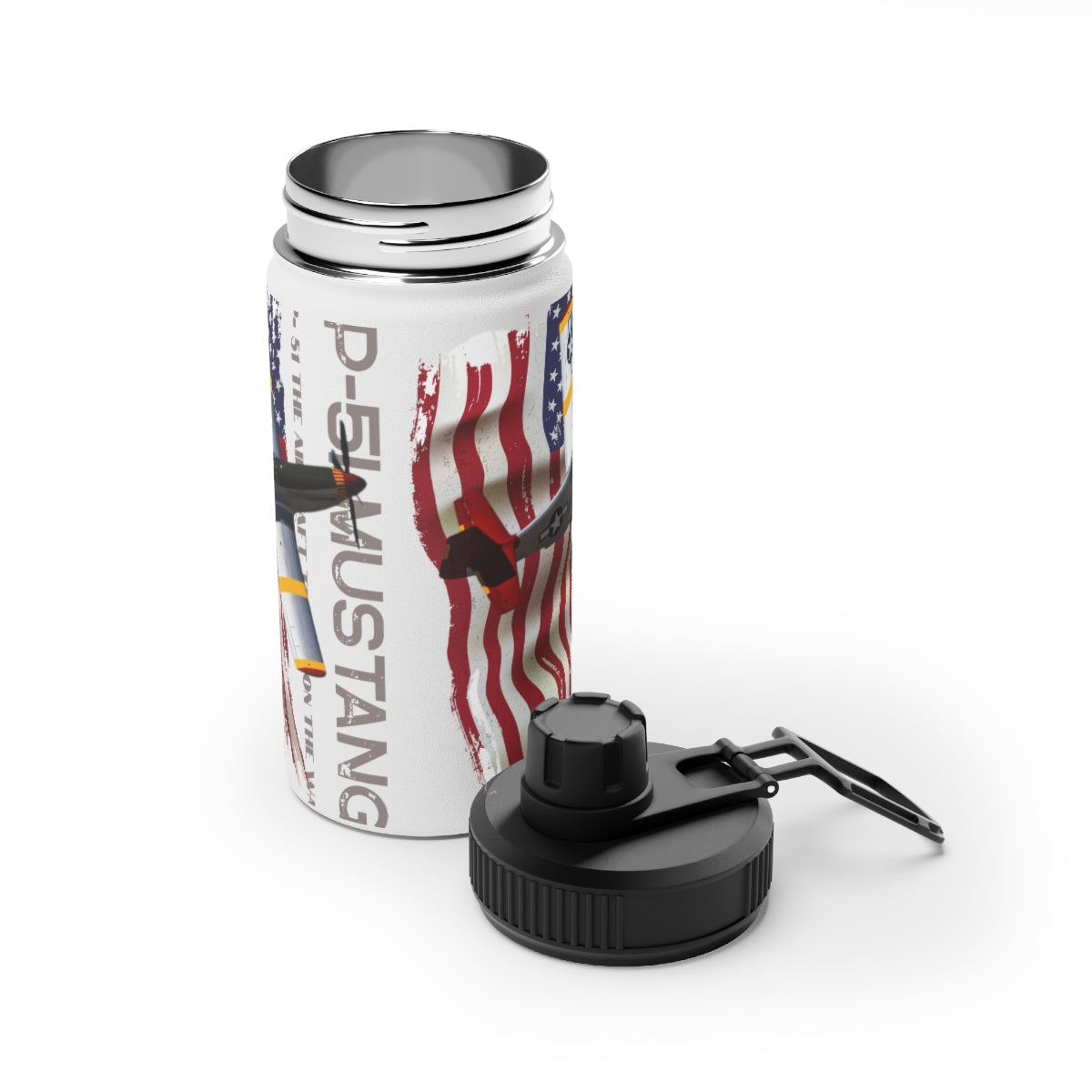 Stainless Steel Water Bottle, Sports Lid ( P-51 Mustang ) Military Styling