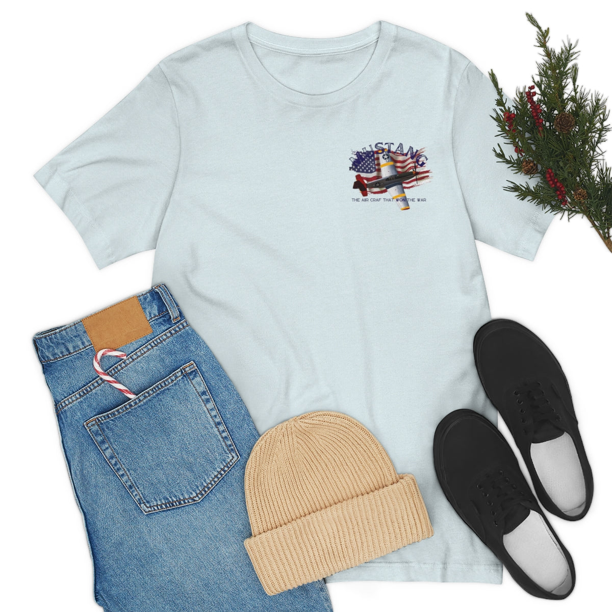 Military T-shirt P-51 Mustang Aircraft , American made, American Flag, Patriotic