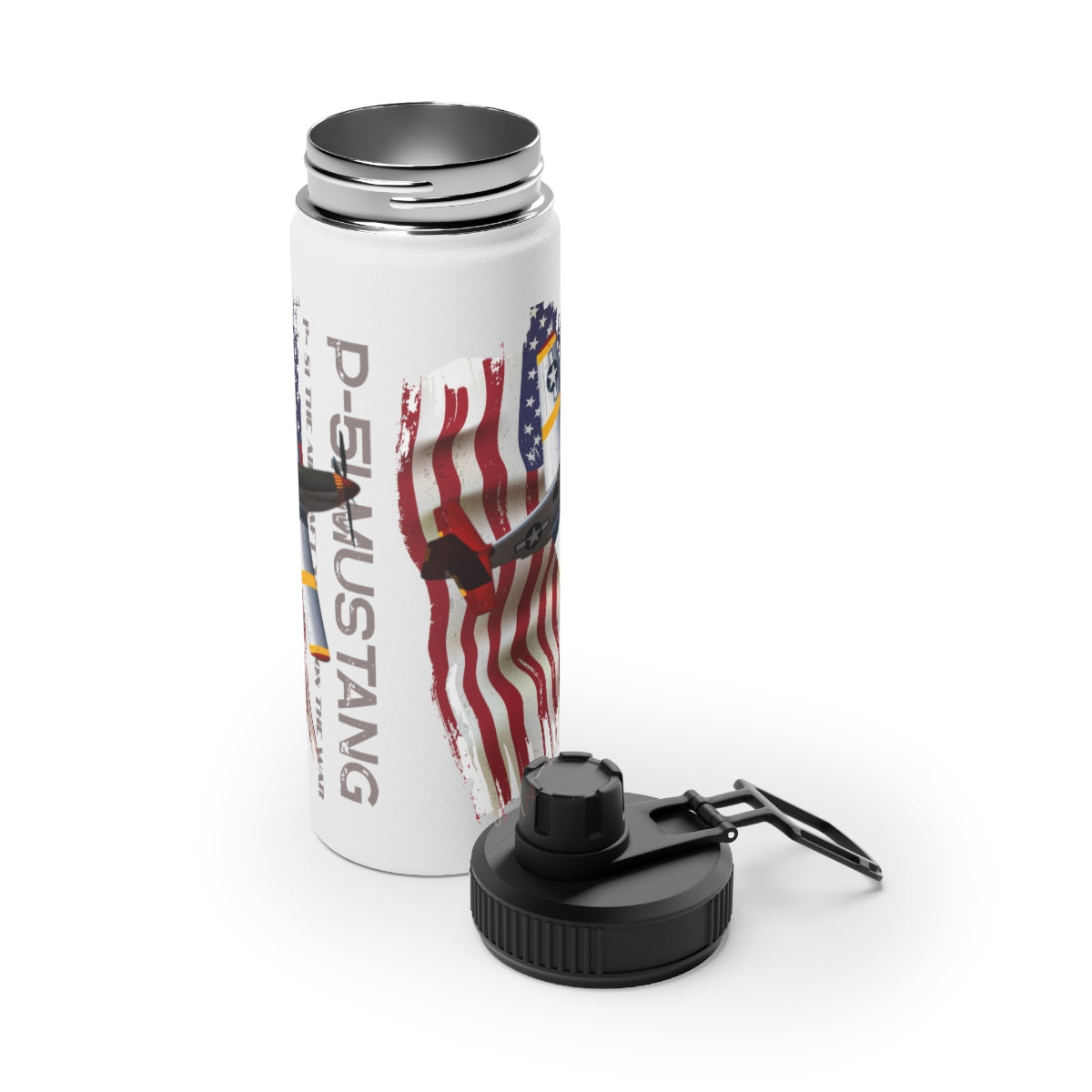 Stainless Steel Water Bottle, Sports Lid ( P-51 Mustang ) Military Styling