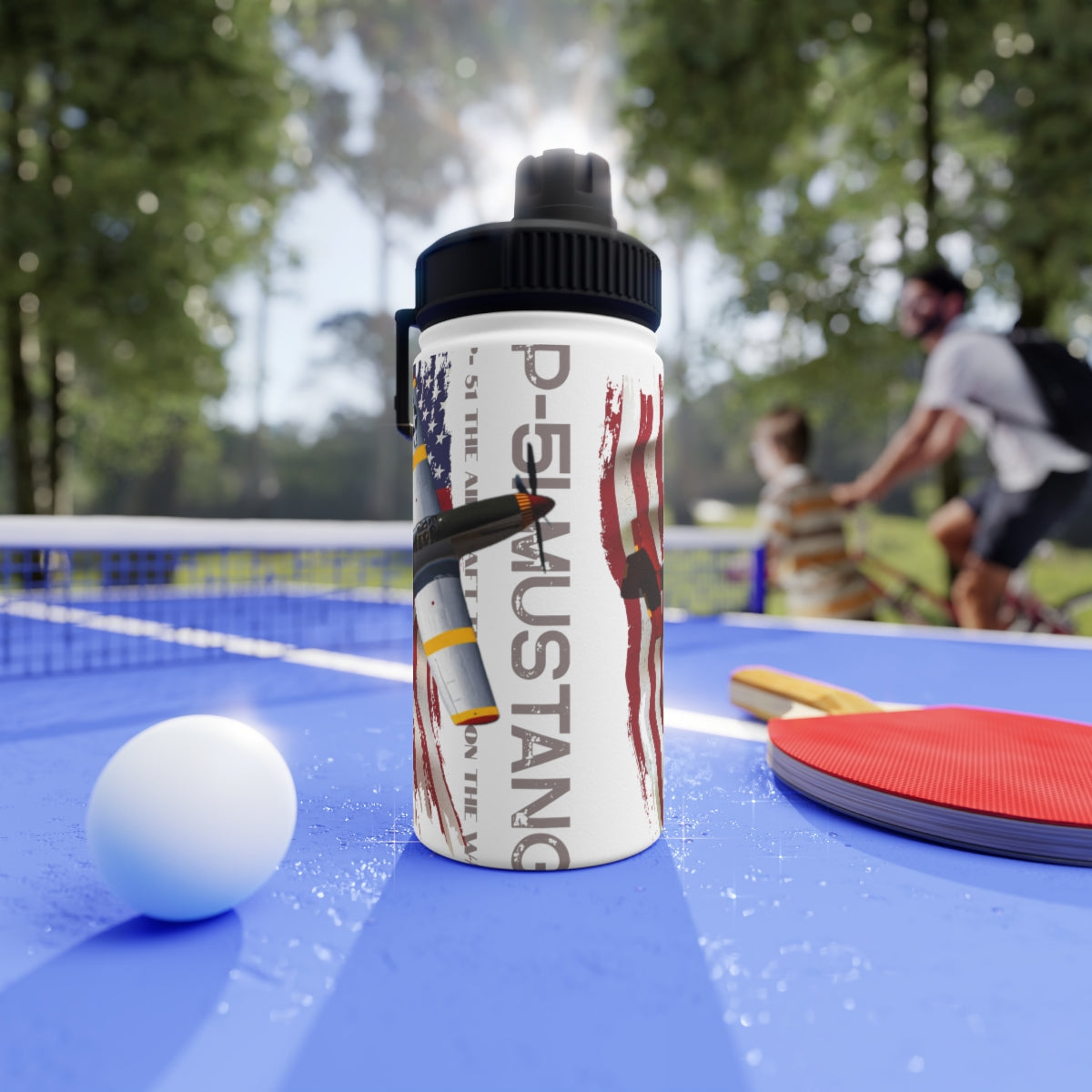 Stainless Steel Water Bottle, Sports Lid ( P-51 Mustang ) Military Styling