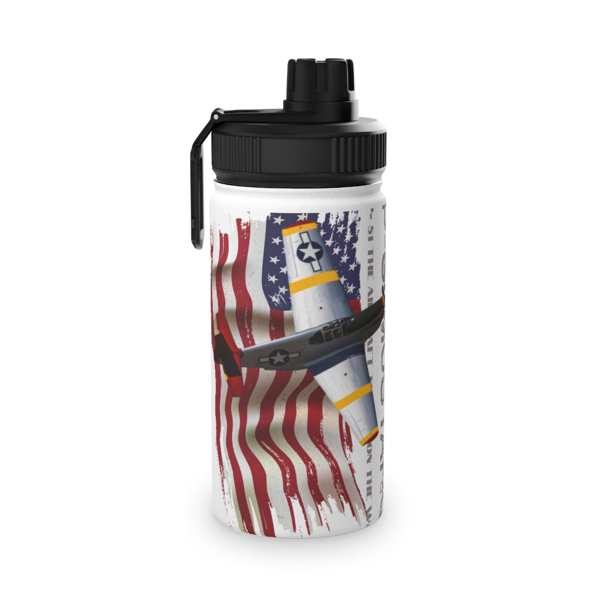 Stainless Steel Water Bottle, Sports Lid ( P-51 Mustang ) Military Styling