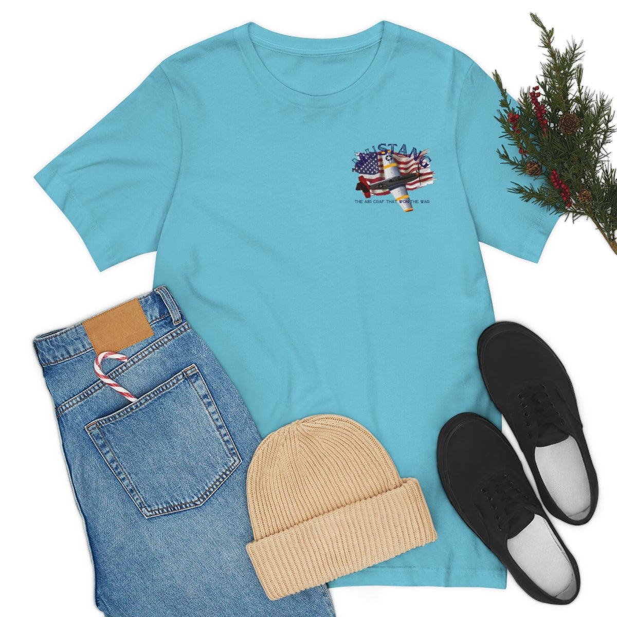 Military T-shirt P-51 Mustang Aircraft , American made, American Flag, Patriotic