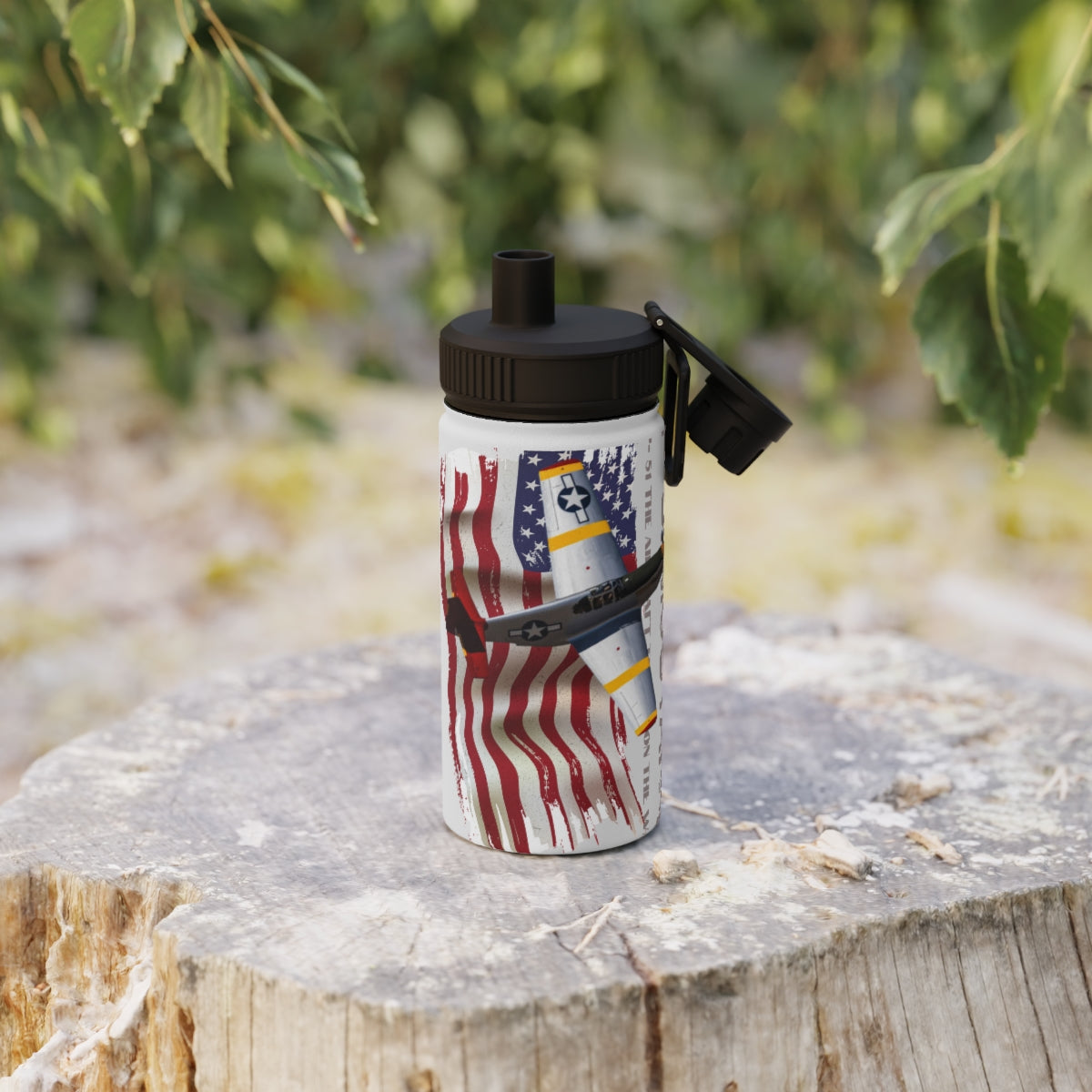 Stainless Steel Water Bottle, Sports Lid ( P-51 Mustang ) Military Styling