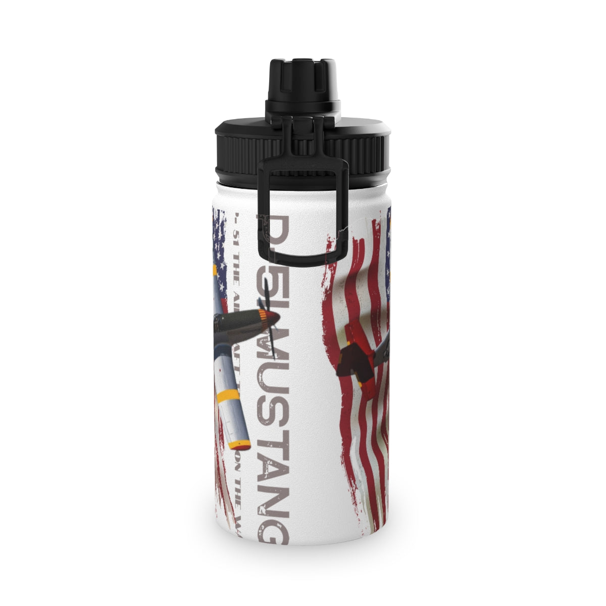 Stainless Steel Water Bottle, Sports Lid ( P-51 Mustang ) Military Styling