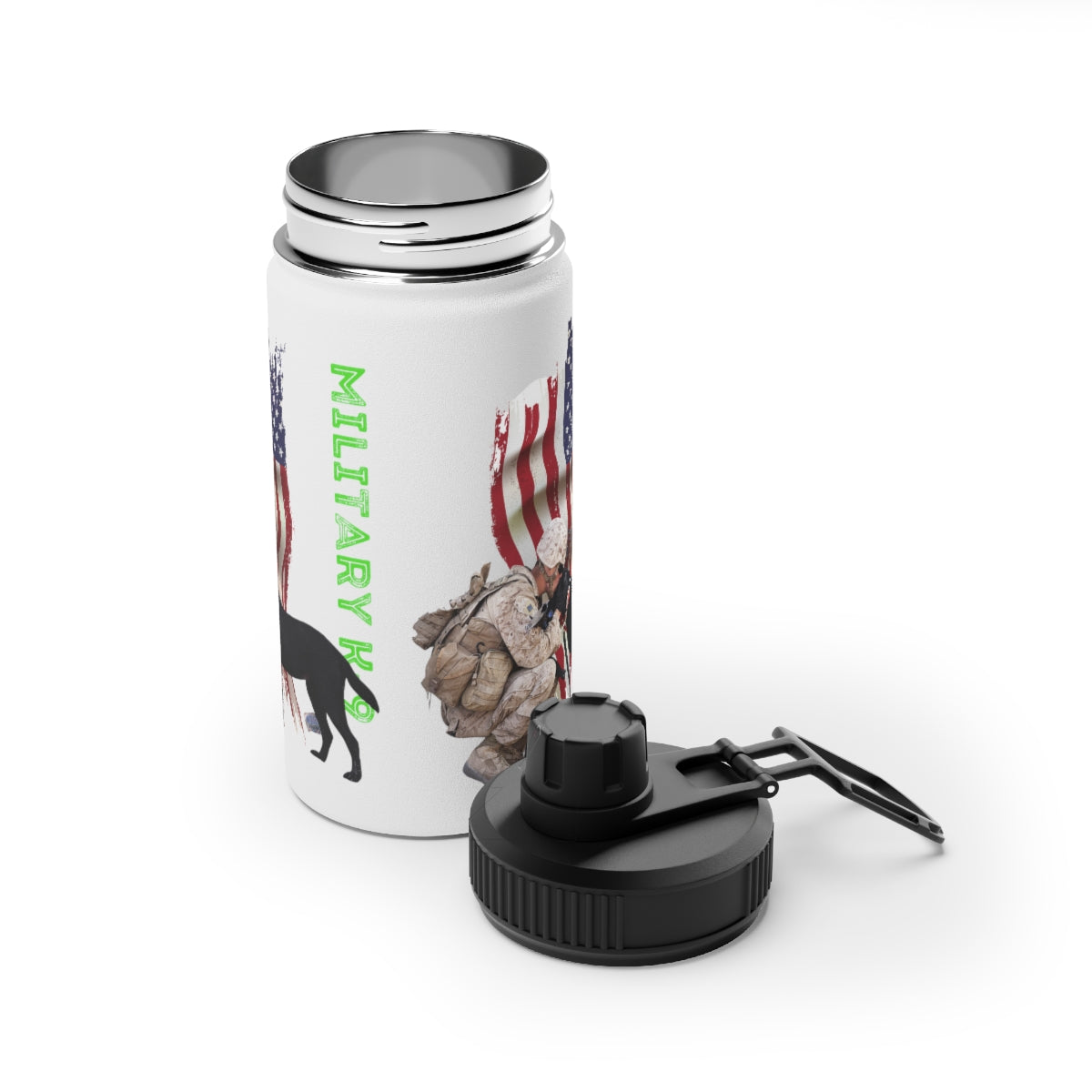 Stainless Steel Water Bottle, Sports Lid ( Military K-9 Corp ) Military Styling