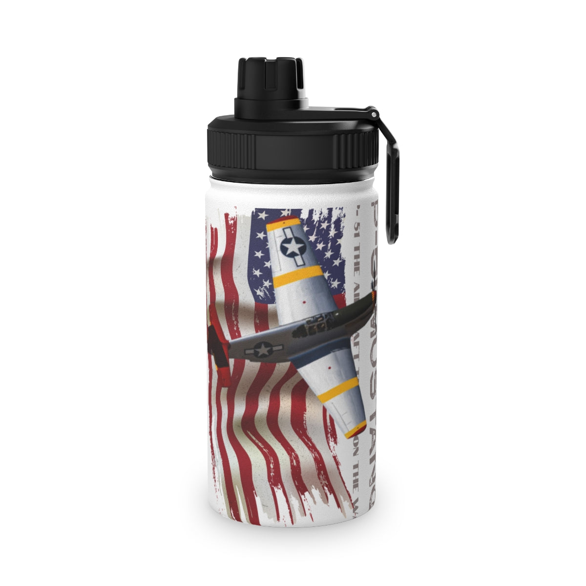 Stainless Steel Water Bottle, Sports Lid ( P-51 Mustang ) Military Styling