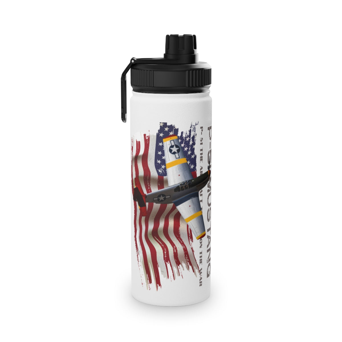 Stainless Steel Water Bottle, Sports Lid ( P-51 Mustang ) Military Styling