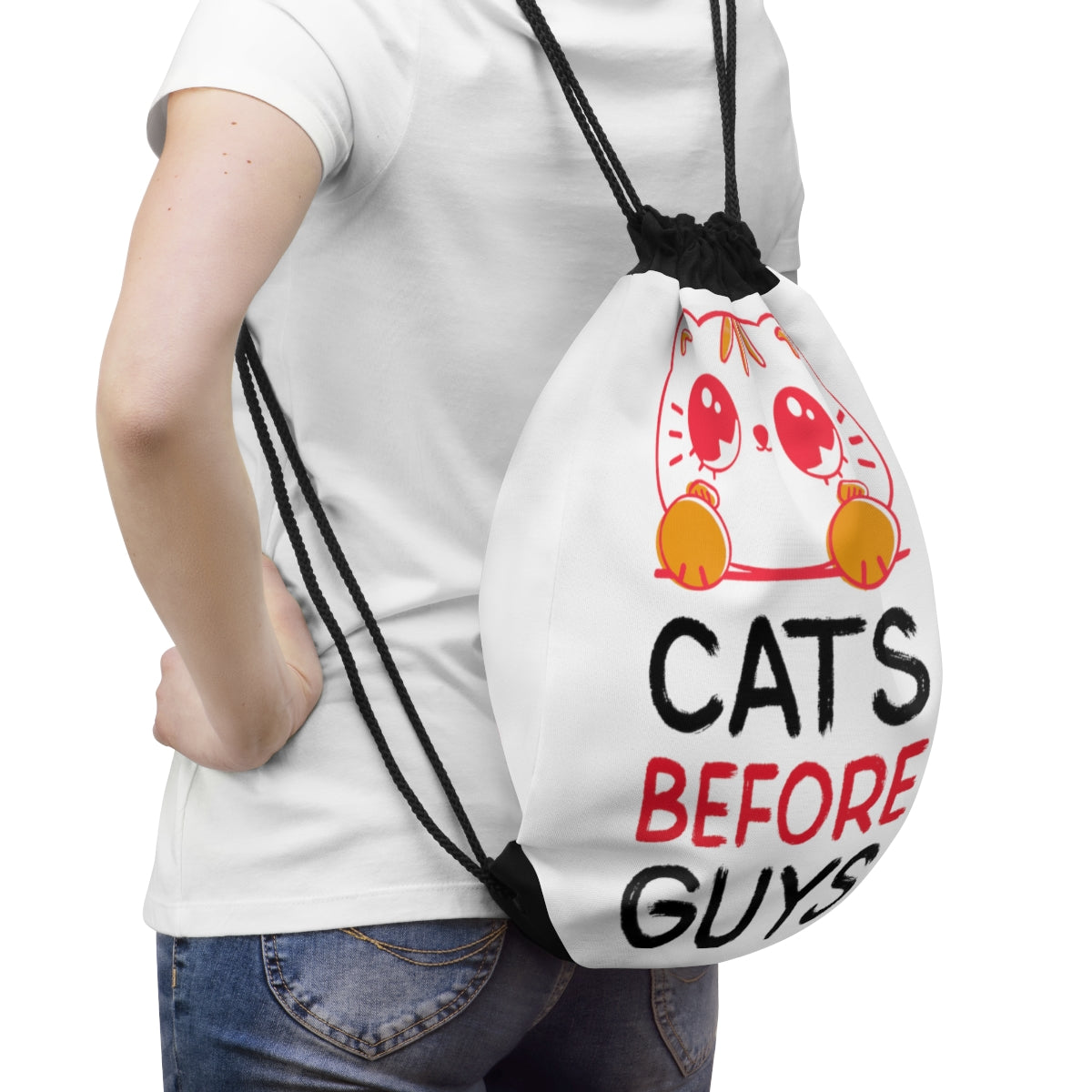 Drawstring Bag ( Cats Before Guys White )