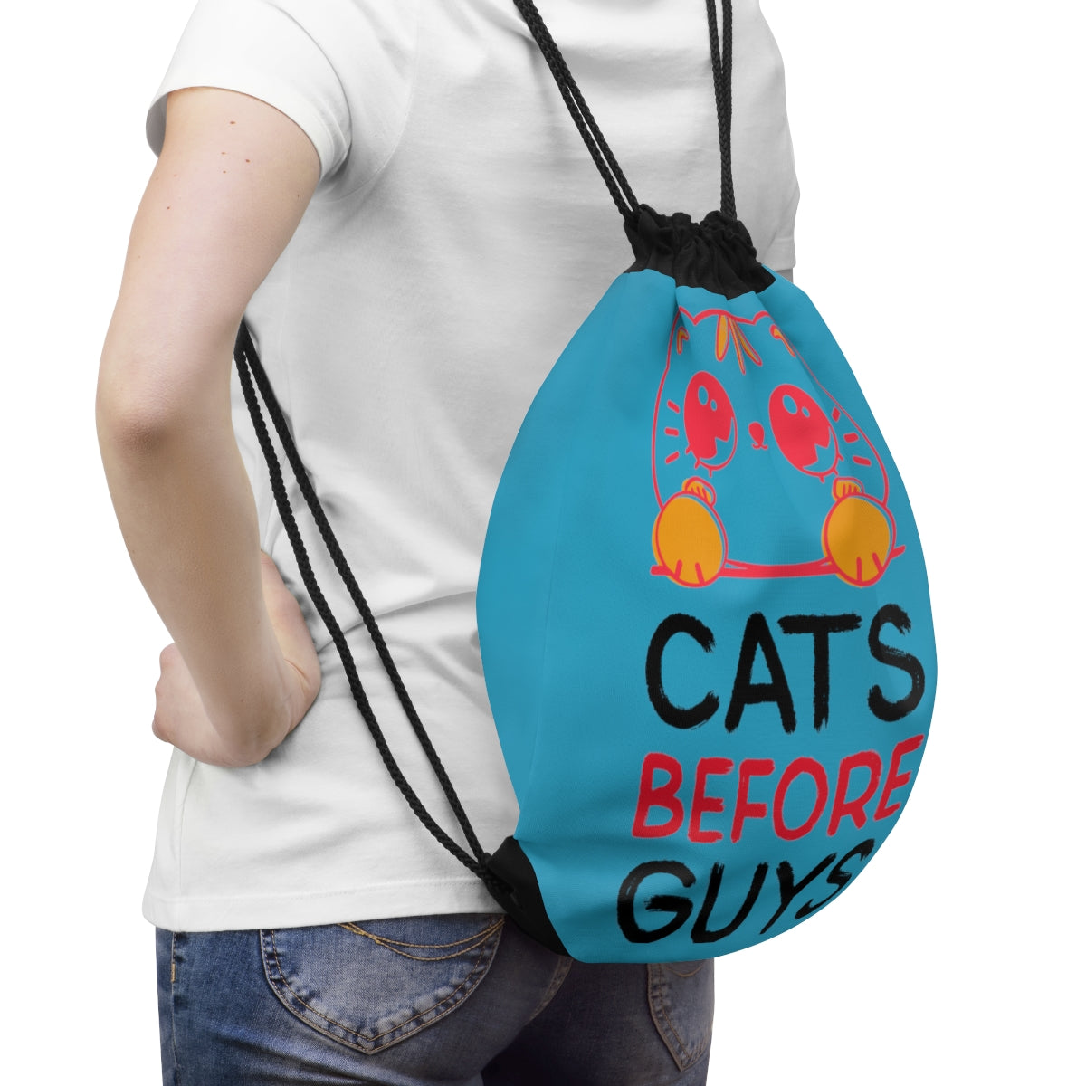 Drawstring Bag ( Cats Before Guys Turquoise )